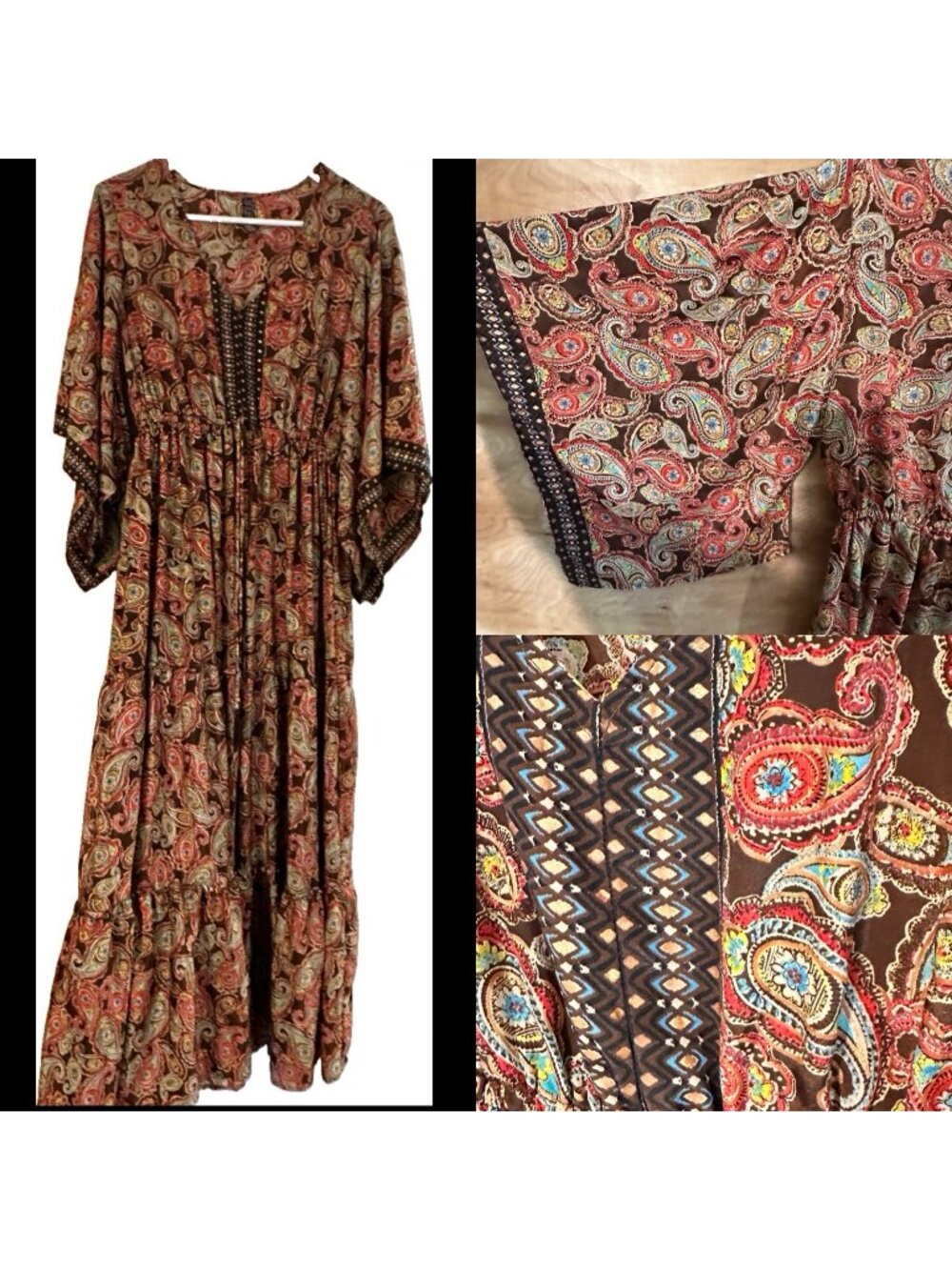 Me 2 Magic Anthropologie Medium Paisley  Boho Maxi Dress Kimono Sleeve